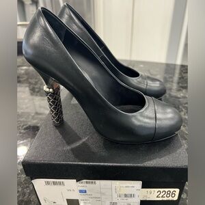 CHANEL Black Lambskins Heels with Quilted Heel Accent